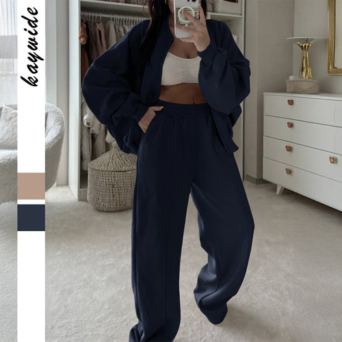 Damen Oversize-Zipjacke und hochgeschnittene Palazzohose aus weichem French-Terry – Auréline
