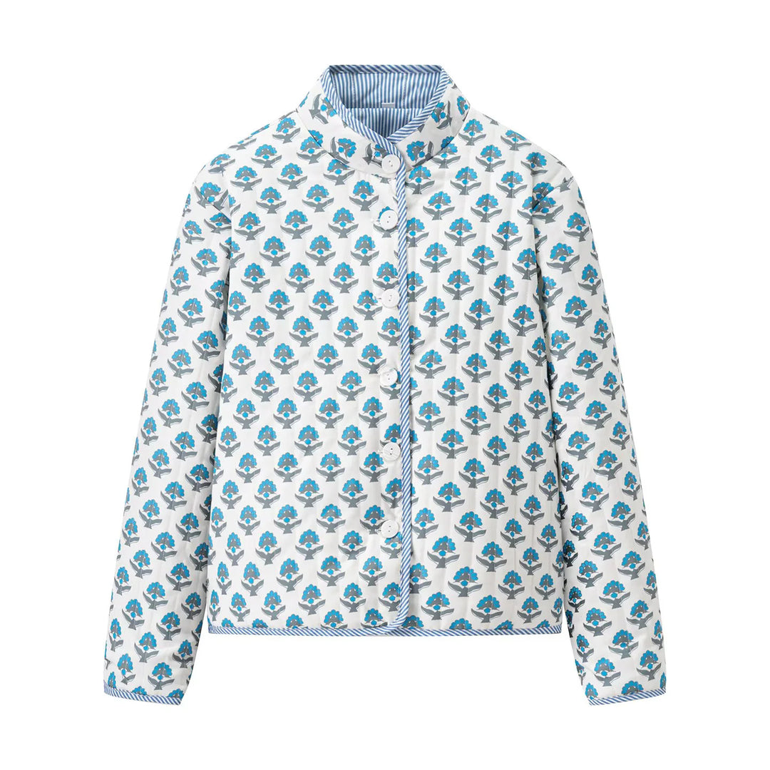 Damen leichte gesteppte Blusenjacke mit Stehkragen, Zierpaspel und floraler Allover‑Steppung – Célinea