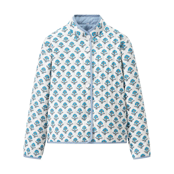 Damen leichte gesteppte Blusenjacke mit Stehkragen, Zierpaspel und floraler Allover‑Steppung – Célinea
