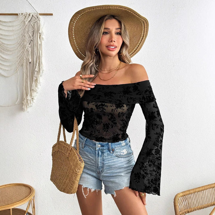 Damen nan schulterfreies Netz-Top mit floraler Samtflock-Applikation, bauchfreiem verkürztem Schnitt und Trompetenärmeln Echo Archiv
