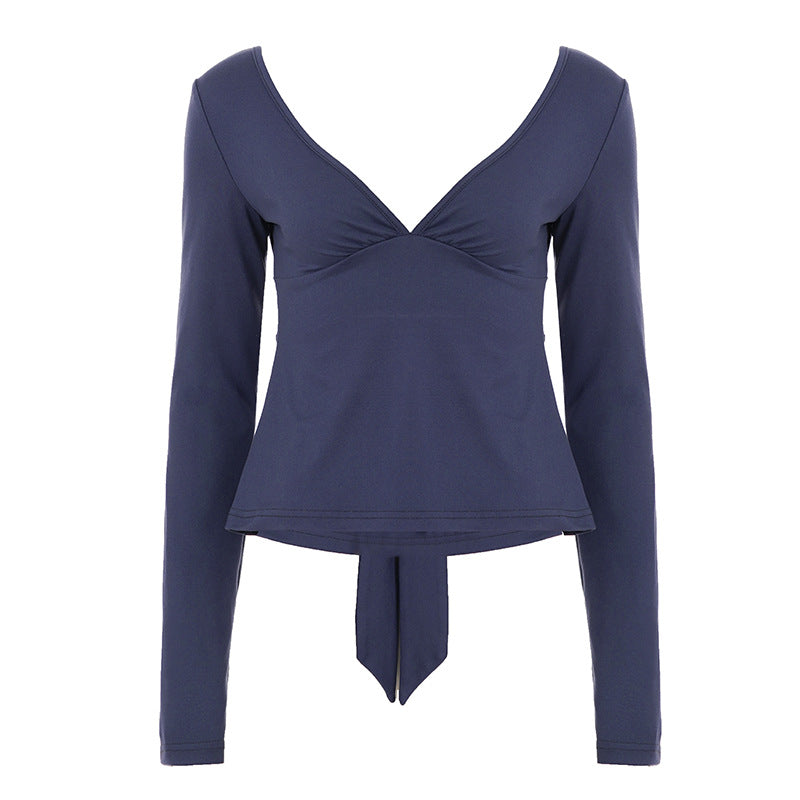 Damen nan tailliertes Langarm-Top mit tiefem V-Ausschnitt, geformter Brustpartie und Bindendetail Echo Archiv