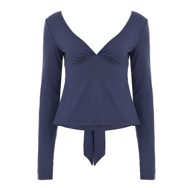 Damen nan tailliertes Langarm-Top mit tiefem V-Ausschnitt, geformter Brustpartie und Bindendetail Echo Archiv