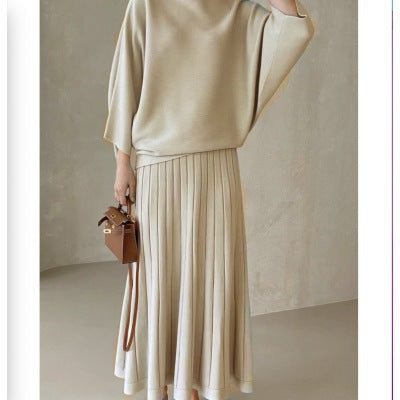 Damen Feines Strick-Set aus Viskosemix mit Oversize-Pullover und plissiertem Maxi-Rock Echoarchiv