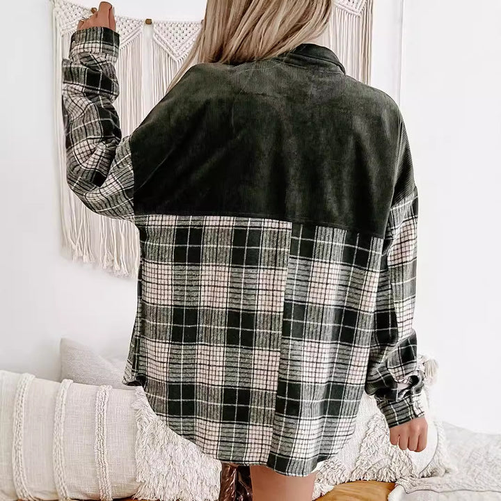 Damen Oversize karierte Hemdjacke mit Cordbesatz und Druckknöpfen – Avérine