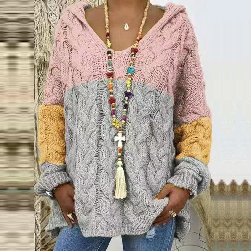 Damen Oversized Zopfmuster-Strickpullover mit Kapuze und lässigem V‑Ausschnitt Echo Archiv