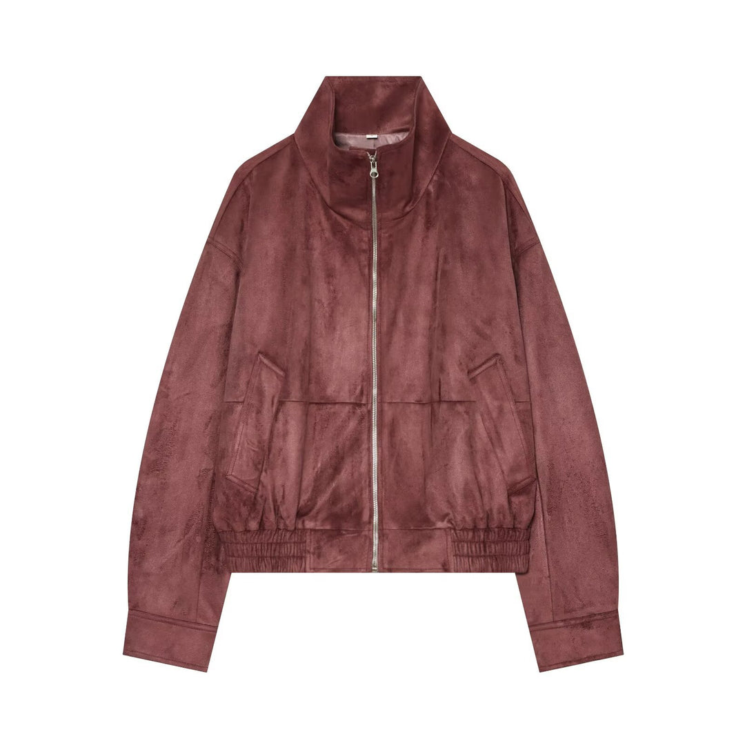 Damen kurze Veloursleder-Optik Bomberjacke mit Stehkragen und elastischem Saum Echo Archiv