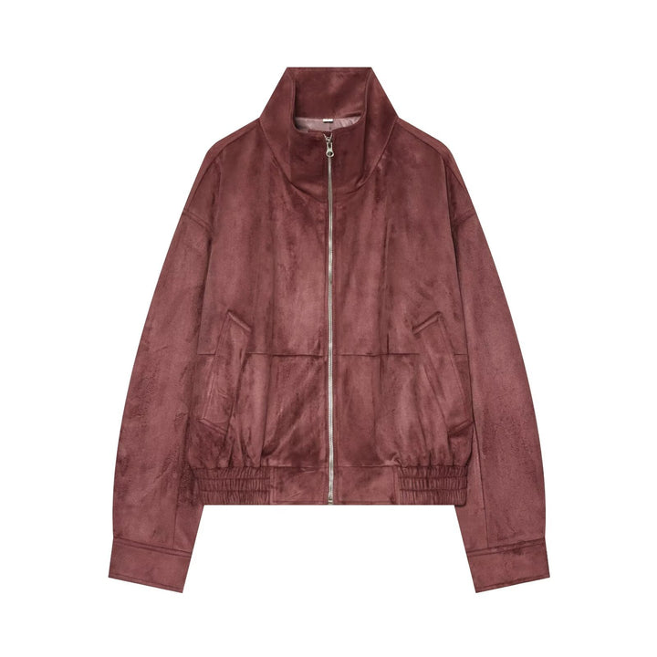 Damen kurze Veloursleder-Optik Bomberjacke mit Stehkragen und elastischem Saum Echo Archiv