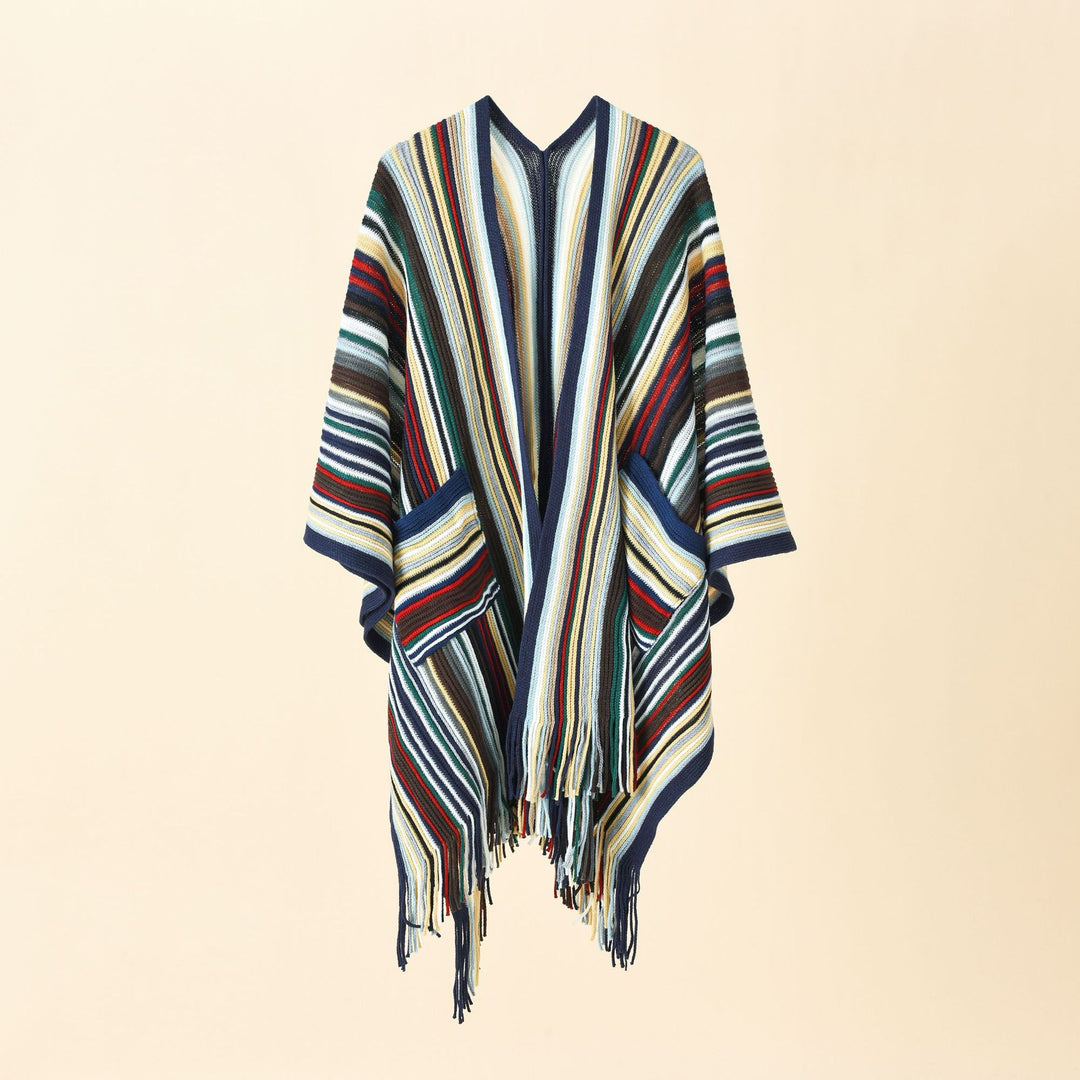Damen Gestreifter Strickponcho mit Fransen und Eingrifftaschen Echo Archiv