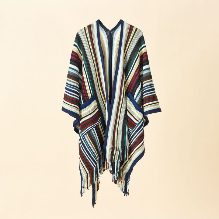 Damen Gestreifter Strickponcho mit Fransen und Eingrifftaschen Echo Archiv