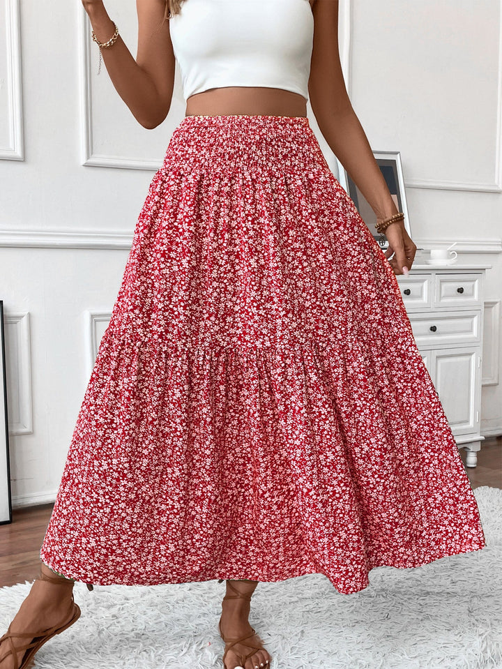 Damen Langer Rock mit floralem Print und elastischem Bund Echoarchiv