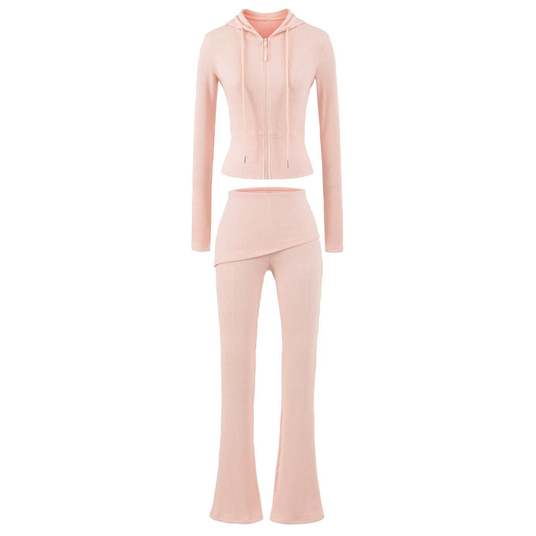 Damen Rippstrick Lounge-Set mit Kapuzenjacke und Wickelbund-Hose Echoarchiv