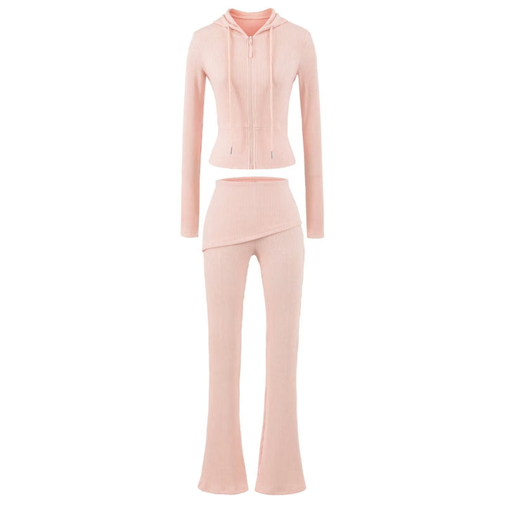Damen Rippstrick Lounge-Set mit Kapuzenjacke und Wickelbund-Hose Echoarchiv