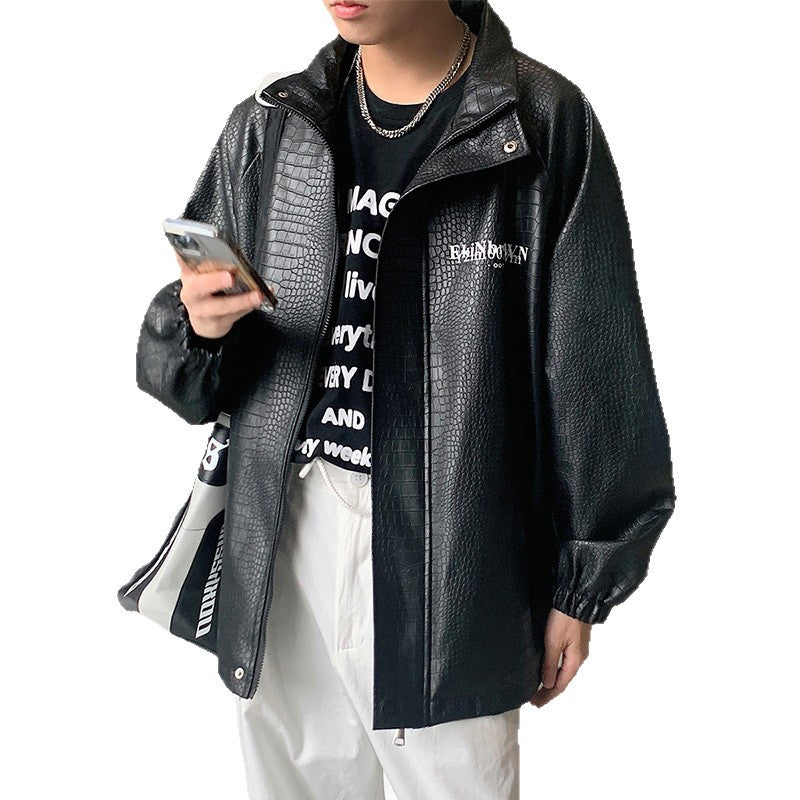 Herren Oversized Kunstlederjacke mit Krokodilprägung und Rückenlogo Echoarchiv