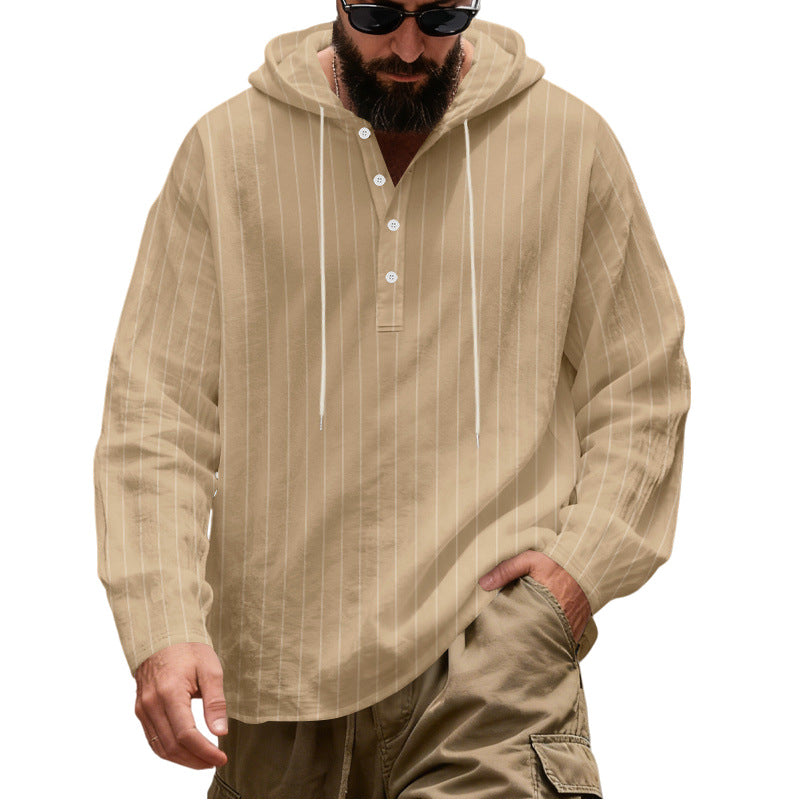 Herren Lässiges Kapuzen-Henleyshirt mit feinen Nadelstreifen und Knopfleiste Echoarchiv