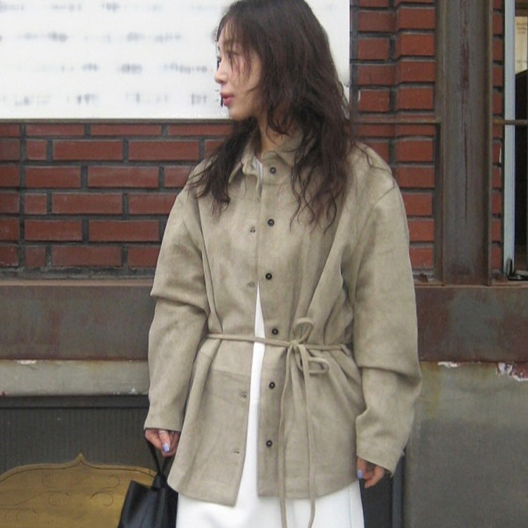 Damen Oversize Velourslederoptik-Utility-Jacke mit Tunnelzugtaillierung Echoarchiv