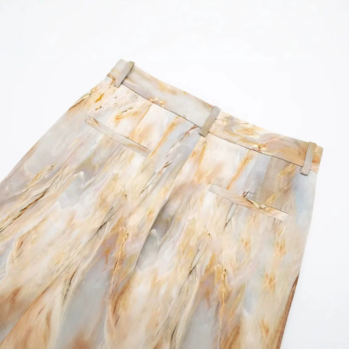Damen weite Palazzo-Hose mit hohem Bund und marmoriertem Druck – Avélisse