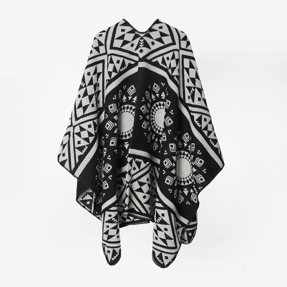 Damen Gewebter Jacquard‑Poncho mit Ethno‑Geometrischem Muster – Avérine