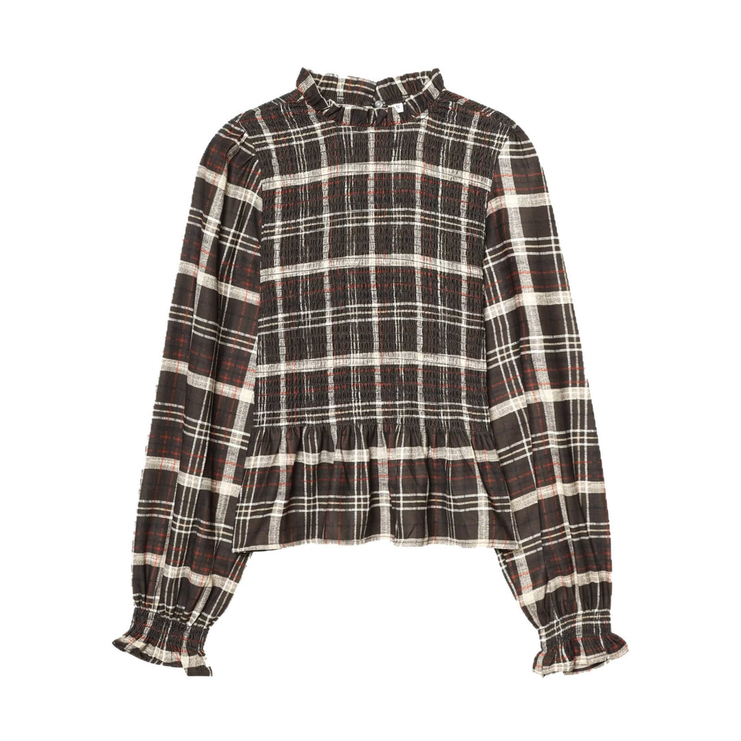 Damen Bluse mit Smok-Detail, Rüschenkragen und Volumenärmeln Echoarchiv