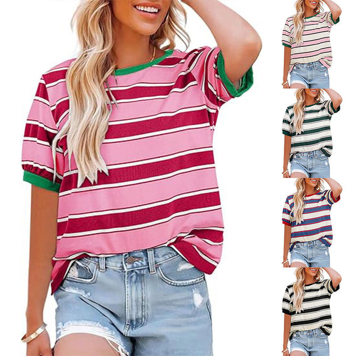 Damen Lässiges Streifen T-Shirt mit Kurzarm und Rundhalsausschnitt Echoarchiv