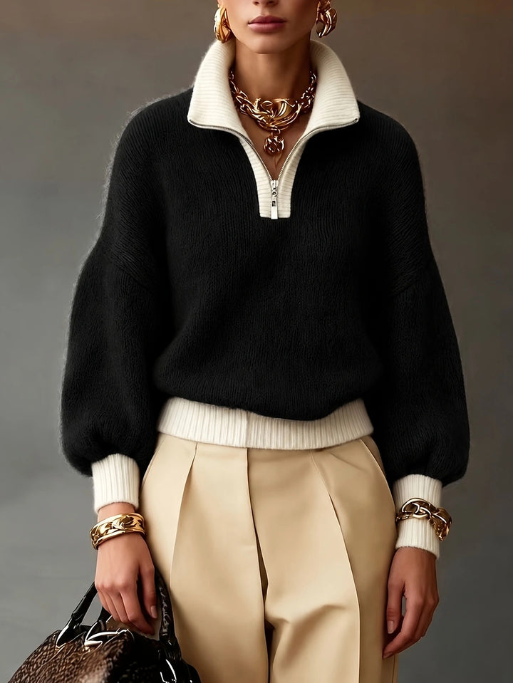 Damen Flauschiger Pullover mit halbem Reißverschluss, Stehkragen und Ballonärmeln – Mavelle