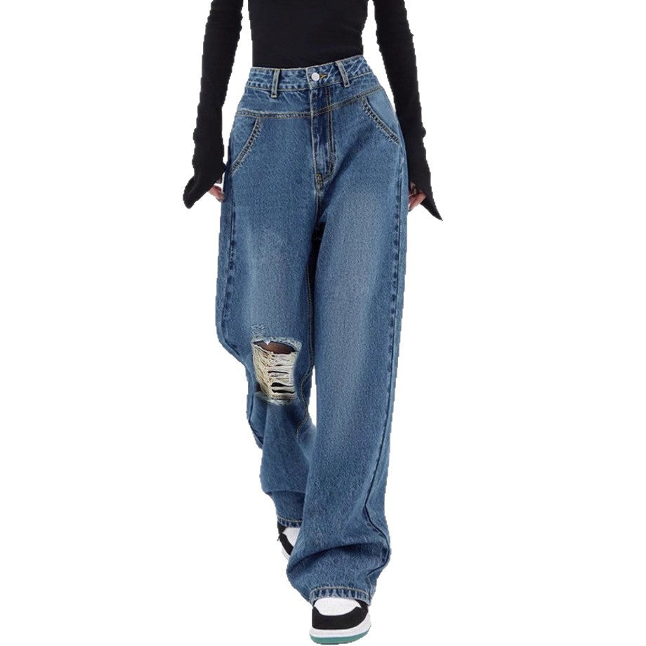 Damen hochtaillierte Oversized-Baggy-Jeans mit Knie-Rip und weitem Bein Echo Archiv