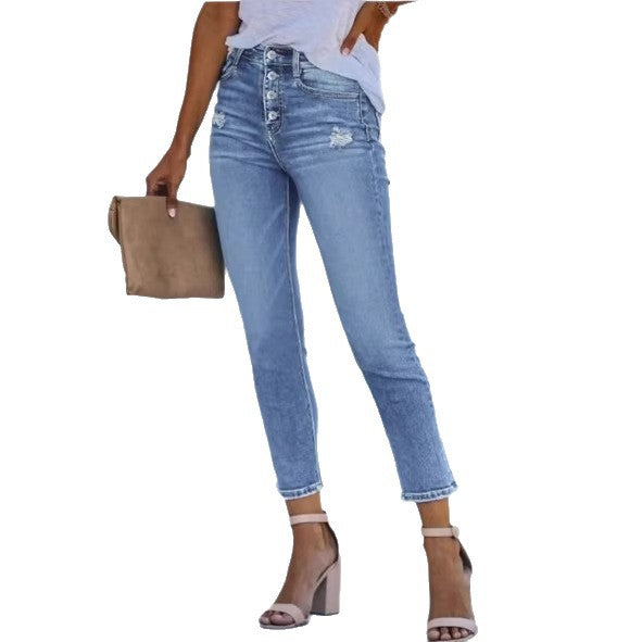 Damen Hochtaillierte Slim-Jeans mit sichtbarer Knopfleiste und knöchellanger Passform Echo Archiv