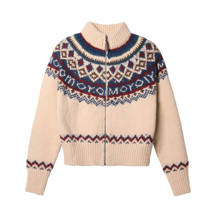 Damen Kuschelige Grobstrickjacke mit Zipper und geometrischem Muster Echoarchiv