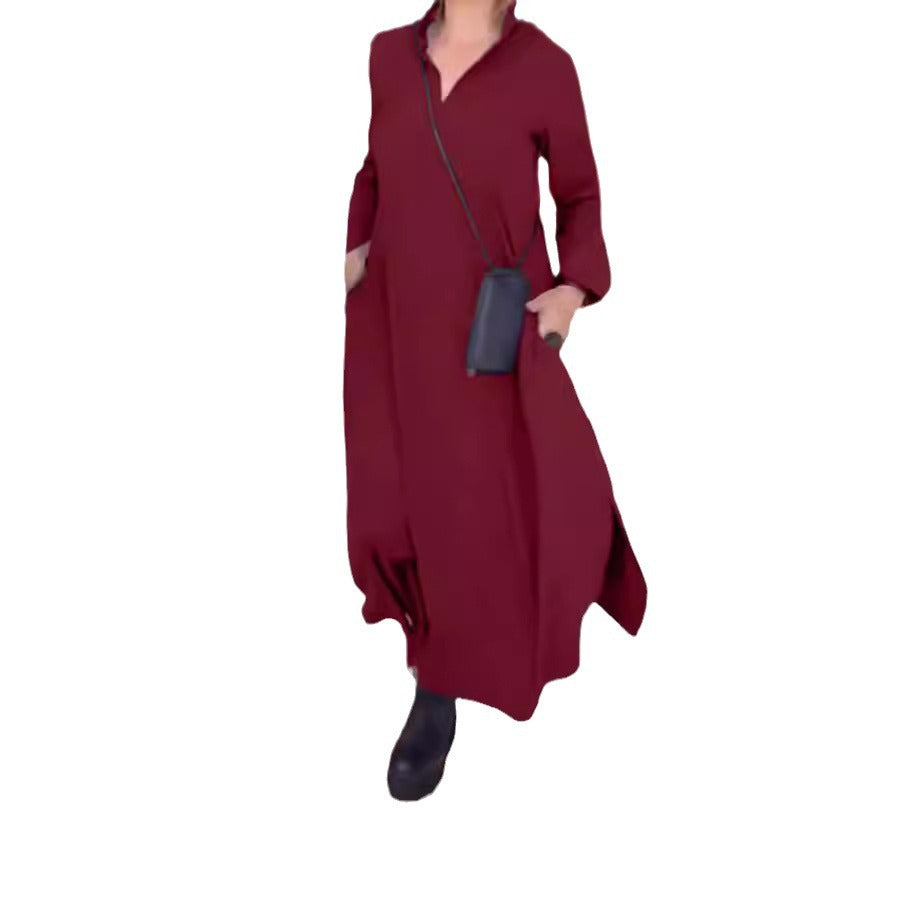 Damen nan fließendes Maxikleid mit V-Ausschnitt, kastiger A-Linie und langen Ärmeln Echo Archiv