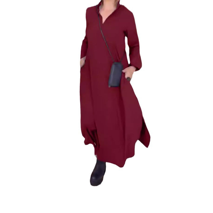 Damen nan fließendes Maxikleid mit V-Ausschnitt, kastiger A-Linie und langen Ärmeln Echo Archiv
