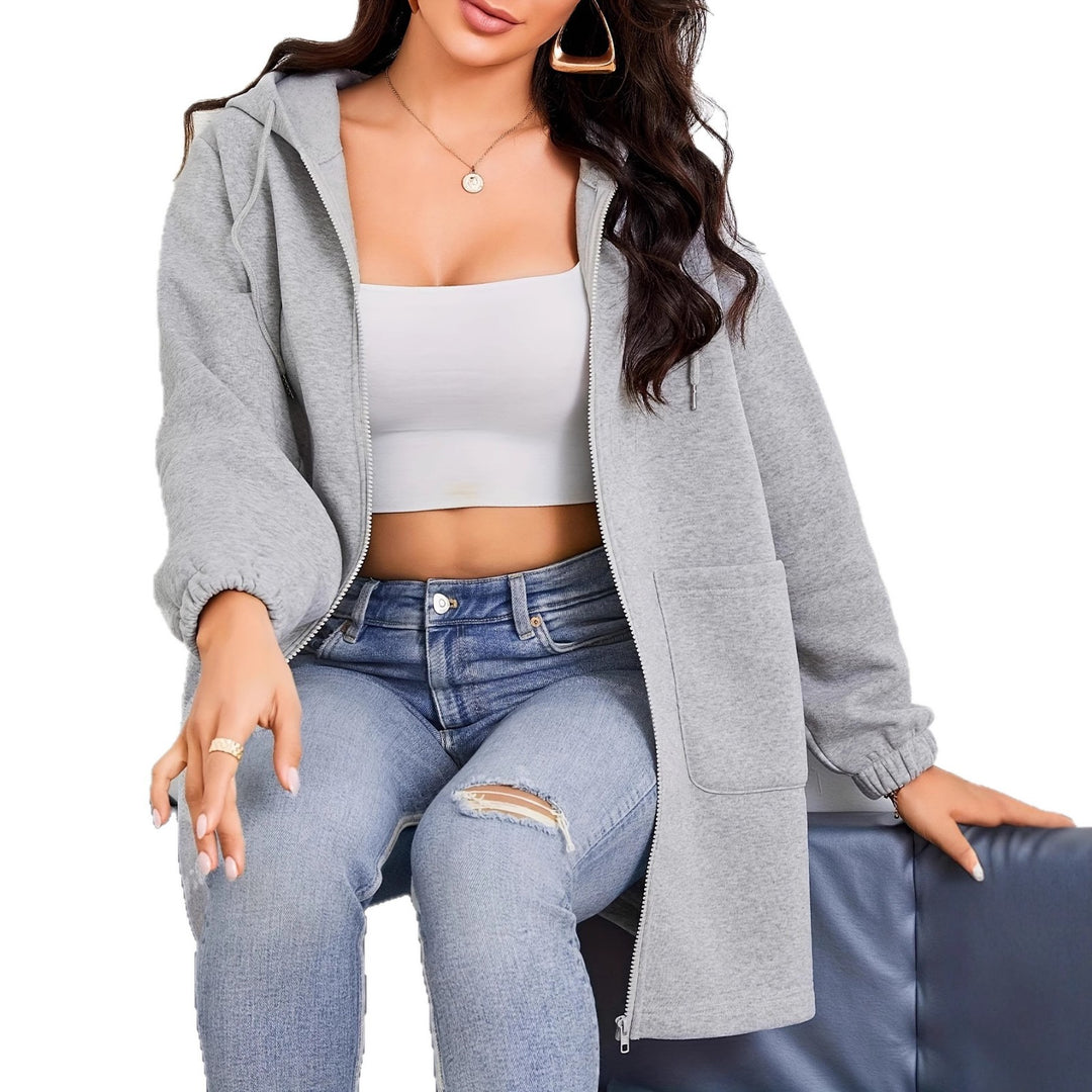Damen nan Longline-Kapuzenjacke mit durchgehendem Reißverschluss, Kängurutaschen und elastischen Bündchen Echo Archiv