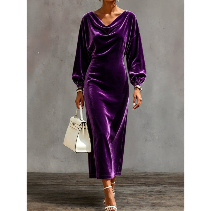 Damen Midikleid aus Samt mit drapiertem Wasserfallkragen und Ballonärmeln Echoarchiv