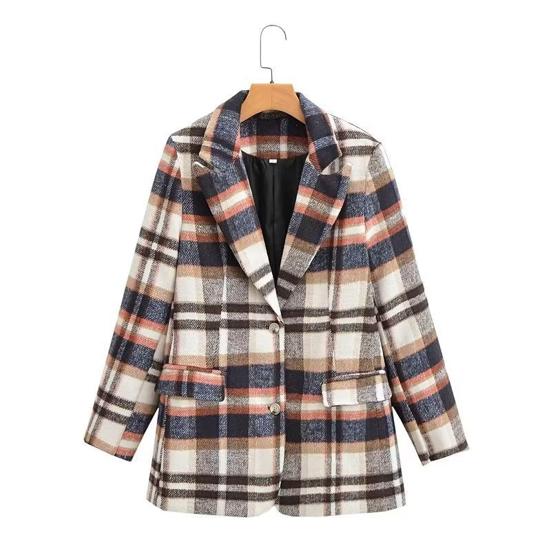 Damen Karierter Wollmix-Einreiher Blazer mit Reverskragen und Pattentaschen Echo Archiv