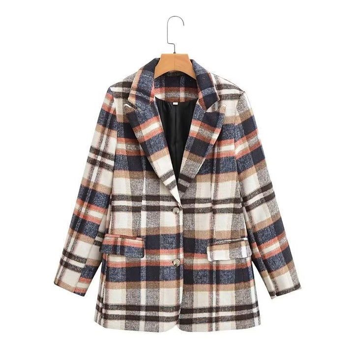 Damen Karierter Wollmix-Einreiher Blazer mit Reverskragen und Pattentaschen Echo Archiv