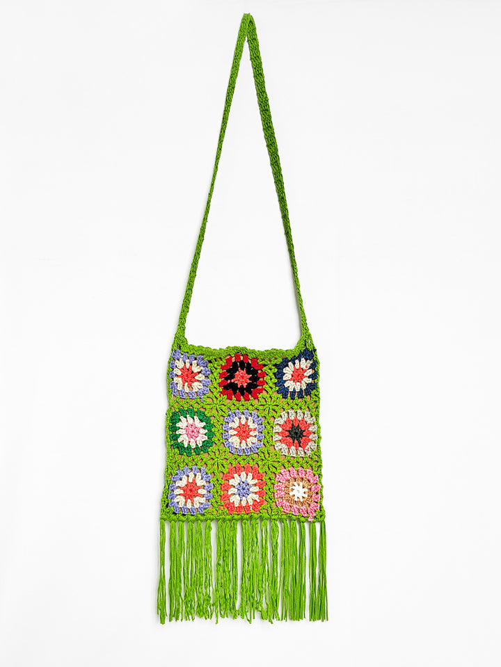 Damen gehäkelte Umhängetasche mit bunten Blumenmustern und Fransen Echo Archiv