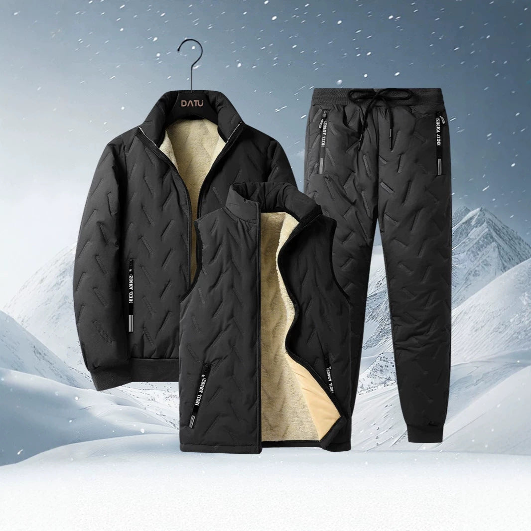Herren dreiteiliges Thermo-Fleecegefüttertes Freizeit- und Outdoor-Set mit gesteppter Jacke Weste und Jogginghose Echoarchiv