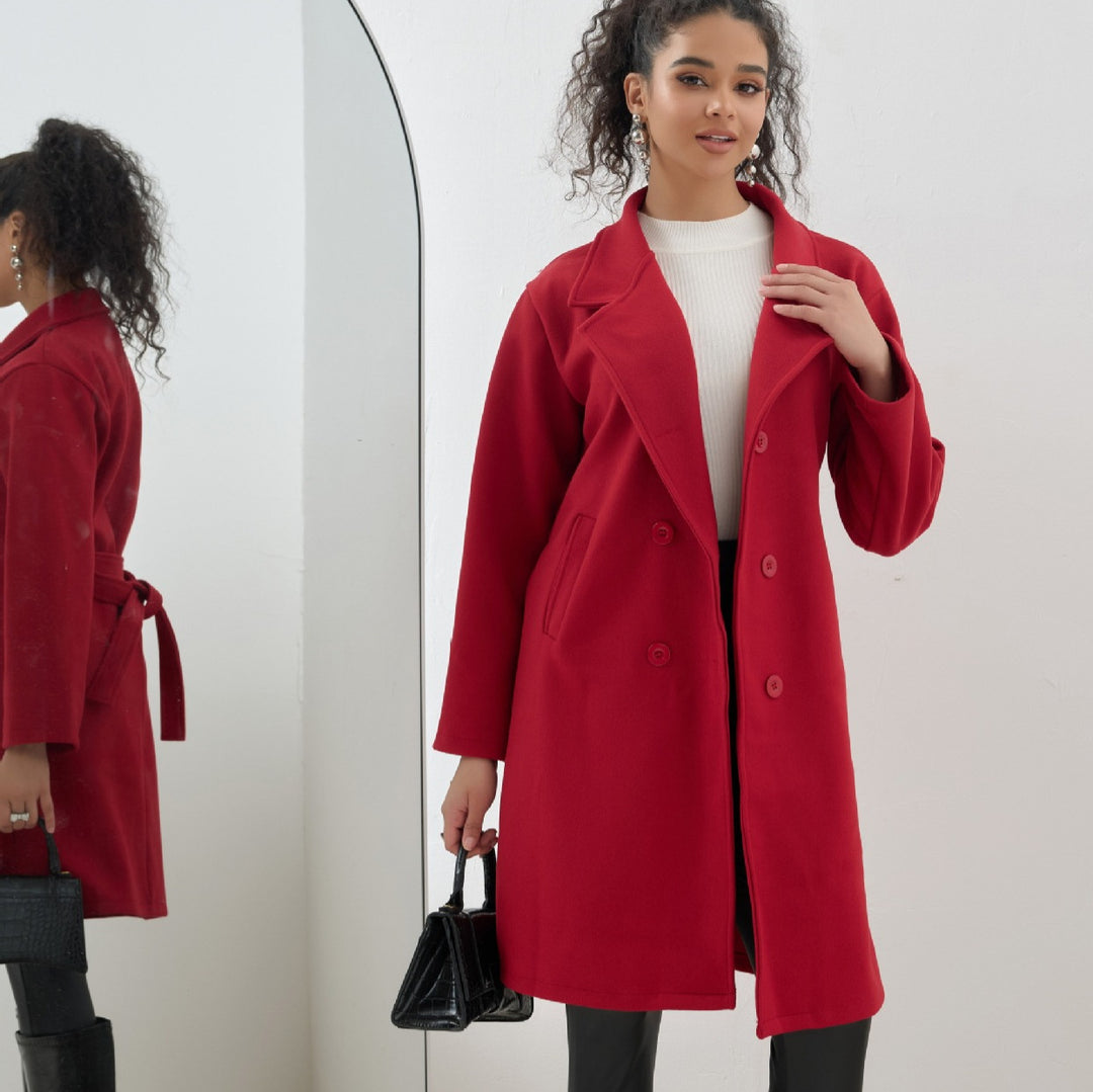 Damen Eleganter knielanger Zweireihiger Wollblend-Mantel mit Reverskragen – Montévia