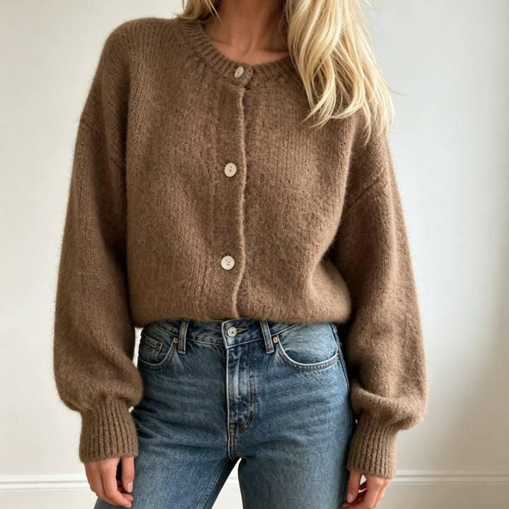 Damen Kuschelige Mohair-Optik Strickjacke mit Rundhals und Ballonärmeln – Veloura