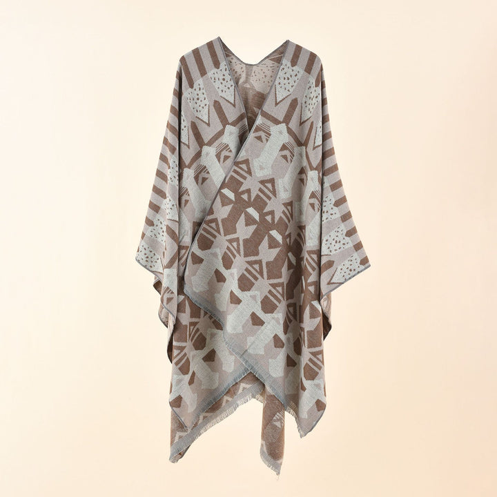 Damen Strick-Überwurfcape im Ruana-Stil mit grafischem Jacquard und Fransensaum Echo Archiv