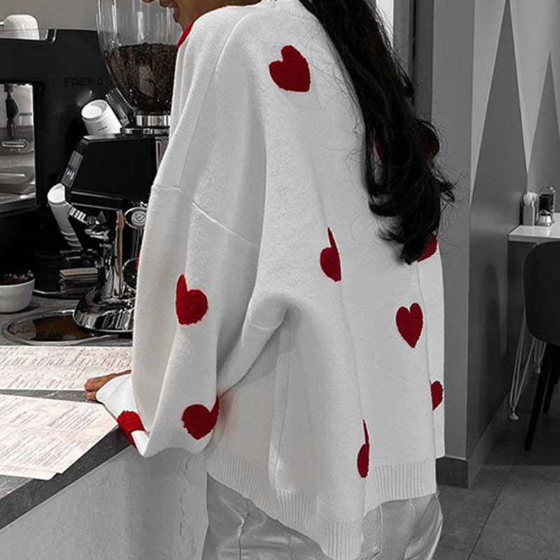 Damen Oversize-Feinstrickpullover mit Allover-Herzintarsien und überschnittenen Schultern – Mavelle