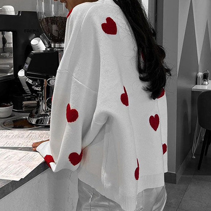 Damen Oversize-Feinstrickpullover mit Allover-Herzintarsien und überschnittenen Schultern – Mavelle