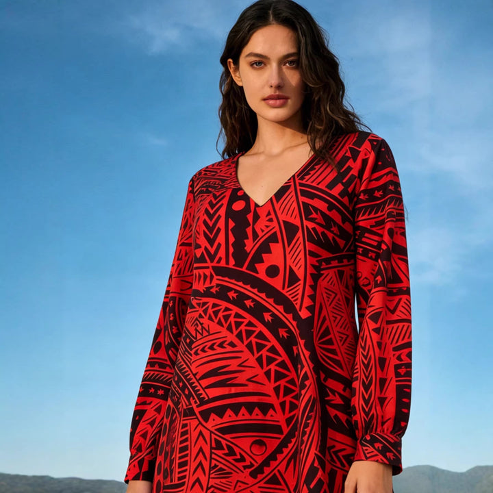Damen Fließendes Maxikleid mit V-Ausschnitt, allover-geometrischem Print und weiter A-Linie – Valéora