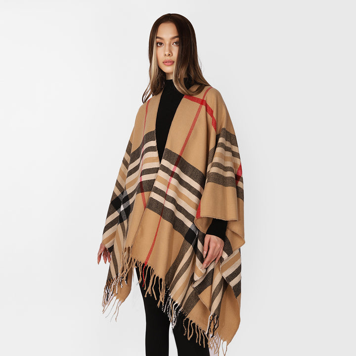 Damen Karierter Wollmix-Poncho mit Fransen und offenem Kimono-Schnitt – Montévia