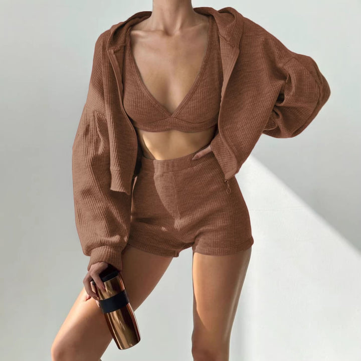 Damen Geripptes Lounge-Set mit Reißverschluss-Hoodie, Stretch-Bralette und High-Waist-Shorts Echoarchiv