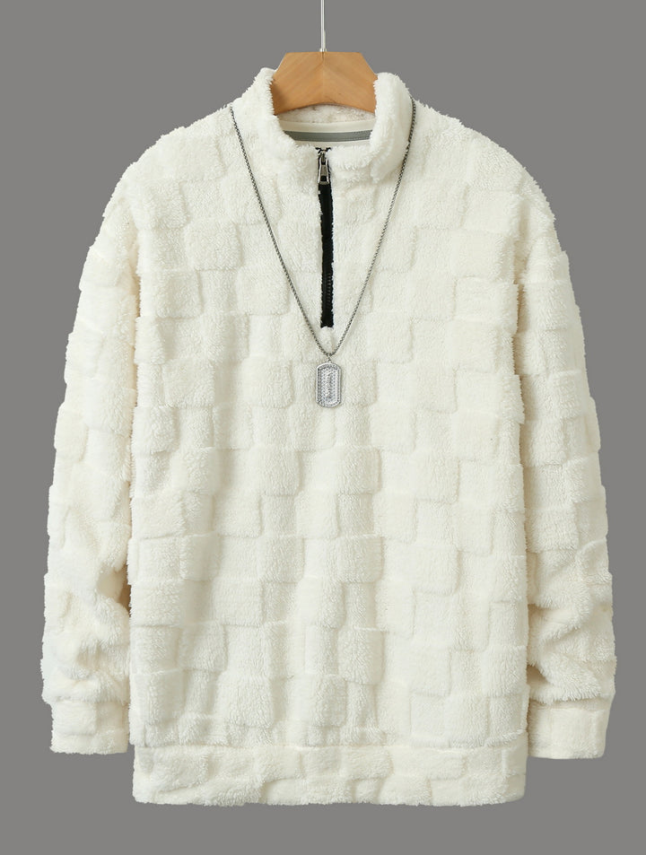 Herren karierter Sherpa-Halbzip-Pullover mit hohem Stehkragen und weicher Teddy-Fleece-Qualität – Cavarno
