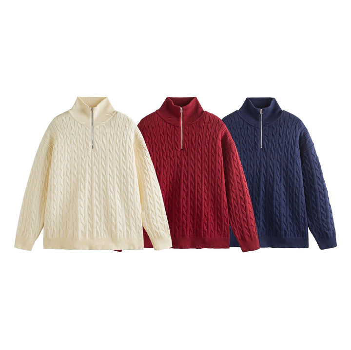 Unisex Grobgestrickter Zopfmuster-Pullover mit Halbzip und hohem Rippkragen Echoarchiv