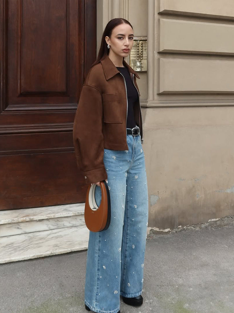 Damen Kurze Veloursleder‑Optik Jacke mit Reißverschluss und Oversize‑Ärmeln Echoarchiv