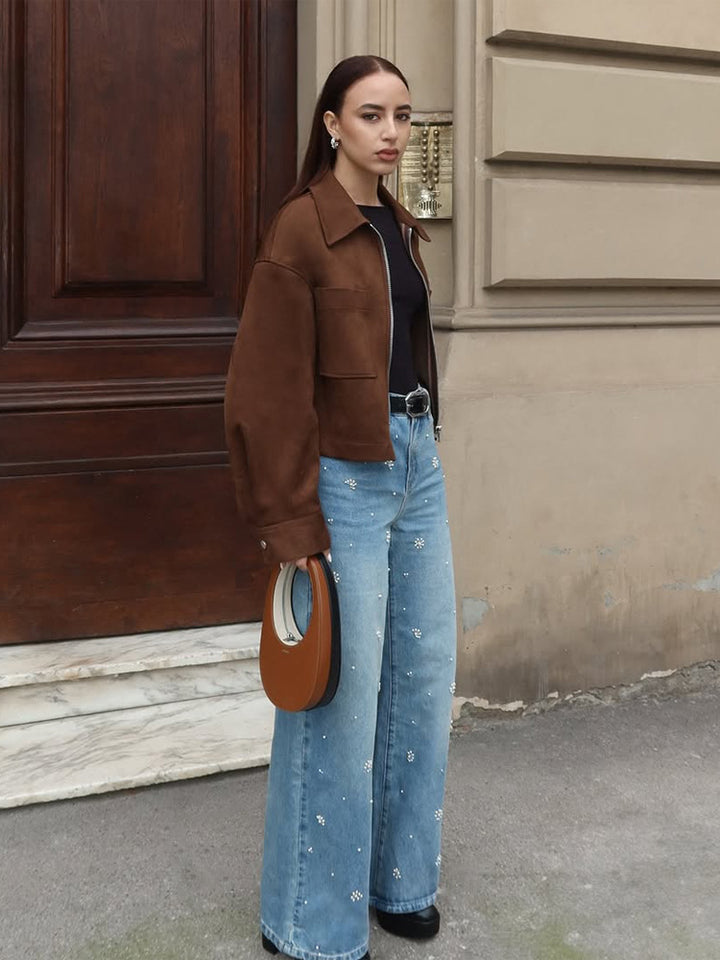 Damen Kurze Veloursleder‑Optik Jacke mit Reißverschluss und Oversize‑Ärmeln Echoarchiv