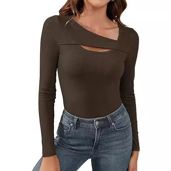 Damen Geripptes Langarmshirt mit asymmetrischem Carmenausschnitt und Brust-Cut-Out Echo Archiv