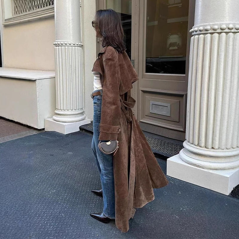 Damen langer Wildleder-Trenchcoat mit Taillengürtel Echoarchiv