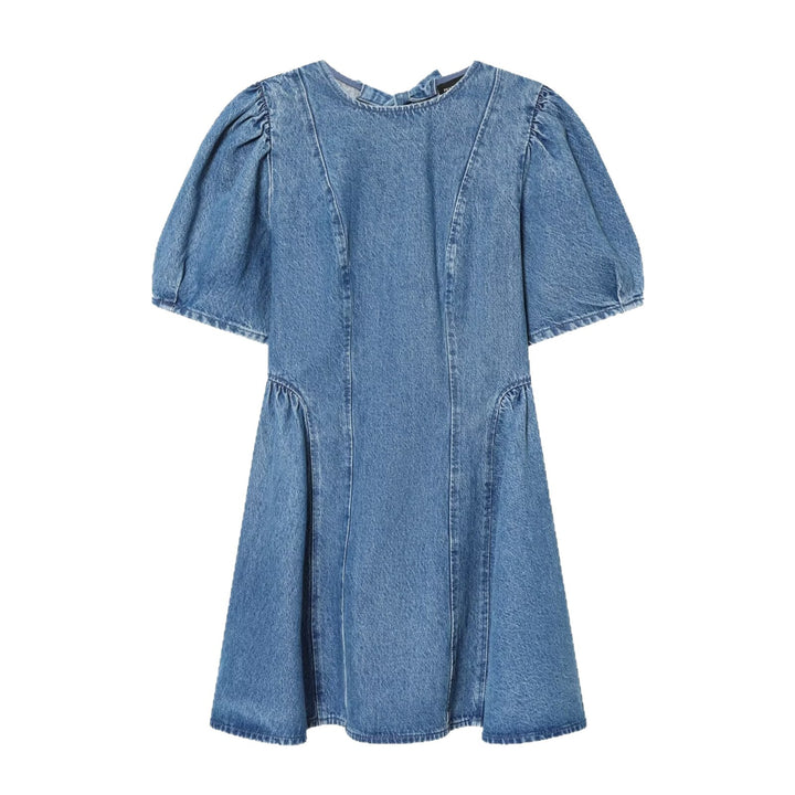 Damen Denim-Kleid mit Puffärmeln, Teilungsnähten und ausgestellter A-Linie Echoarchiv